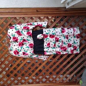 Vintage Stylized Pink Roses on Black Polka Dot on Ivory Silk Blouson Dress Sz 10